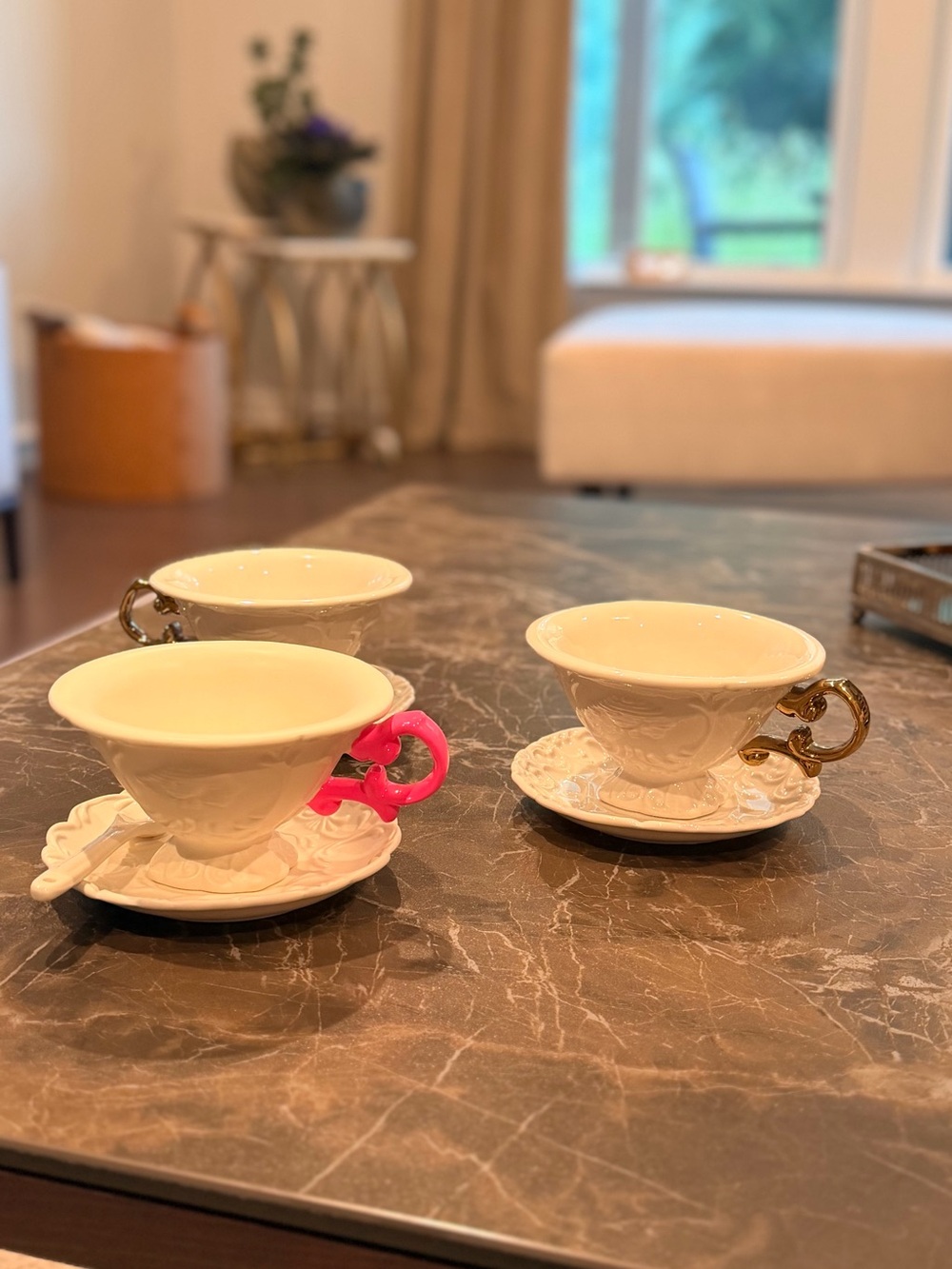 Seletti White Porcelain Teacup and Saucer with Pink & Gold Handles -SET OF 3